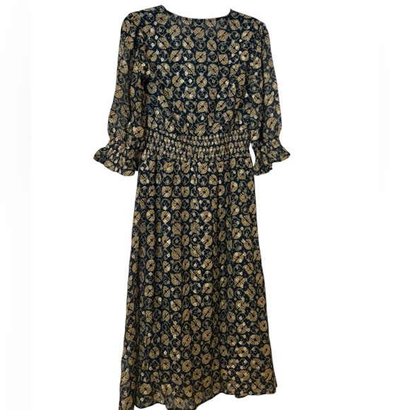 NWT RAGA Dress Midi Smocked Waist Metallic Gold Navy Current A-line Cocktail - Picture 8 of 16